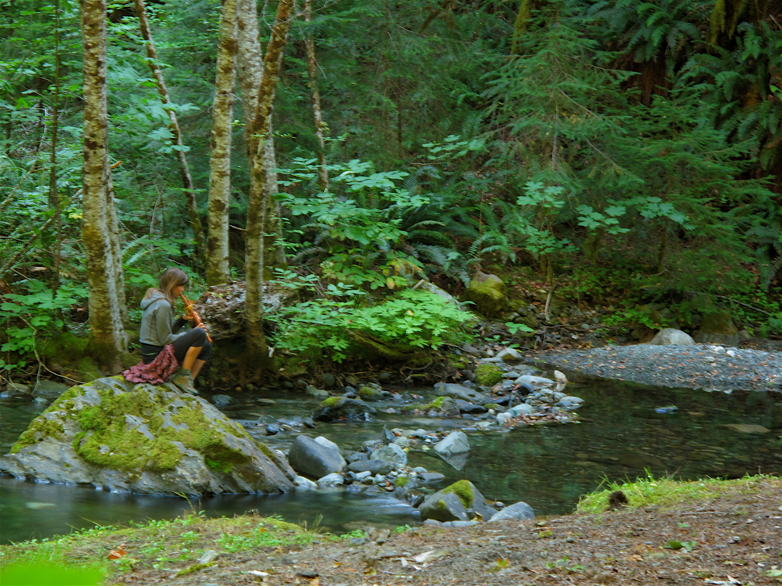 Jen Poole playing flute on a mossy rock beside a forest creek
